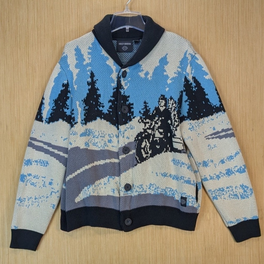Harley-Davidson Mens Winter Scenic Biker Celebration Cardigan Sweater Blue Large